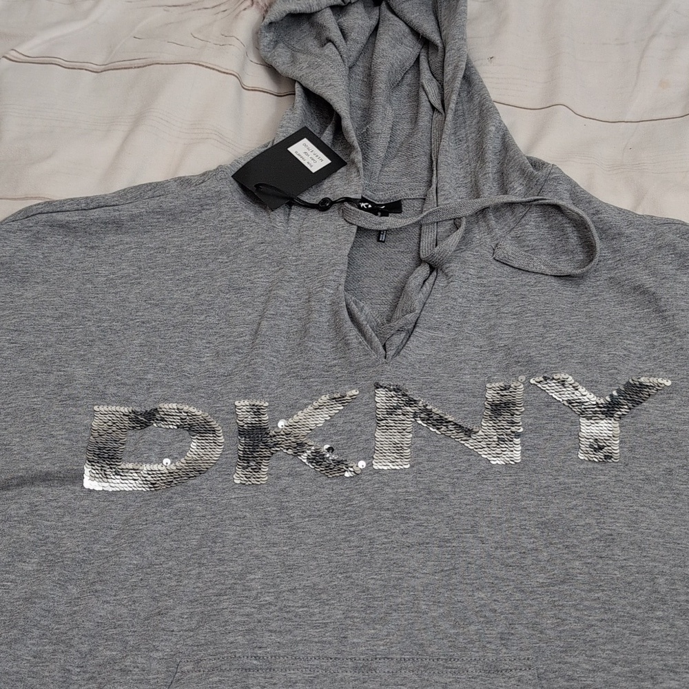 DKNY Gray Hoodie Womens 2X NWT Silver Logo Pullover Sweatshirt